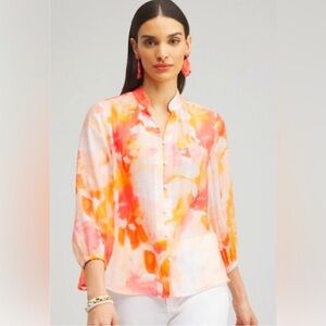 CHICO'S Top Orange Red Pink Watercolor Plus Sheer Tencel Lyocell Sz 4 US 20